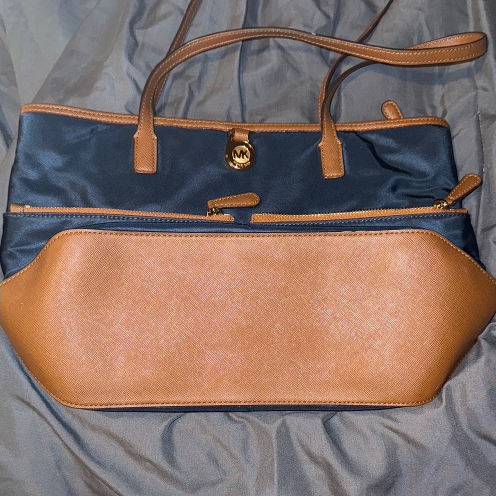 Michael Kors Blue and Tan Tote Bag with Gold Accents